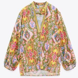 Zara Printed Blouse Khaki Pink 8159/046 Mandarin Collar Split Neck Boho Medium
